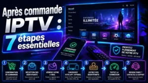 Image illustrant les 7 étapes essentielles après commande IPTV, avec confirmation, identifiants, e-mail, appareil, connexion et support.