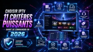 Image futuriste montrant les 11 critères puissants pour choisir IPTV avant de commander en 2026