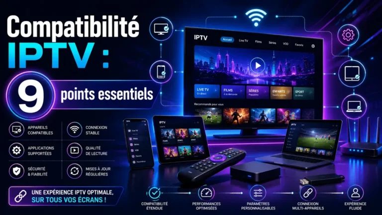 Compatibilité IPTV avec télévision, smartphone, tablette, ordinateur et connexion stable pour vérifier 9 points essentiels avant achat.
