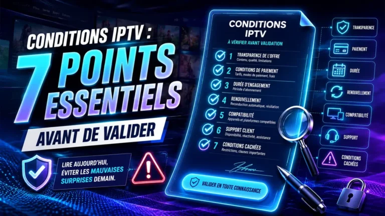 Conditions IPTV avec checklist de 7 points essentiels à vérifier avant de valider une commande IPTV.