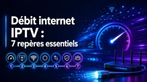 Débit internet IPTV avec repères de vitesse, stabilité réseau, WiFi, 4K et connexion fibre pour une lecture plus fluide.