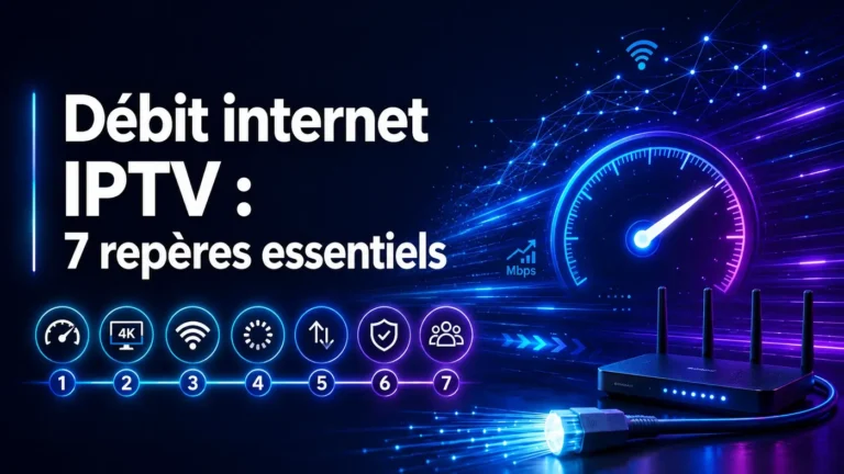 Débit internet IPTV avec repères de vitesse, stabilité réseau, WiFi, 4K et connexion fibre pour une lecture plus fluide.