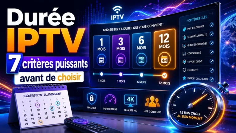 Durée IPTV avec calendrier, choix 1 mois, 3 mois, 6 mois ou 12 mois et critères essentiels avant de choisir