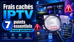 Image illustrant les frais cachés IPTV avec facture, carte bancaire, avertissements et 7 points essentiels à vérifier avant paiement.