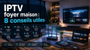 Image professionnelle montrant un foyer maison connecté avec conseils utiles pour améliorer l’expérience IPTV à la maison IPTV foyer maison