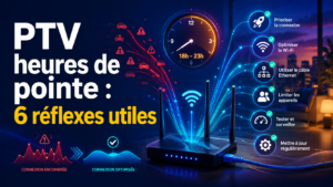 Illustration professionnelle sur IPTV heures de pointe avec routeur Wi-Fi, connexion optimisée et 6 réflexes utiles pour limiter les coupures.
