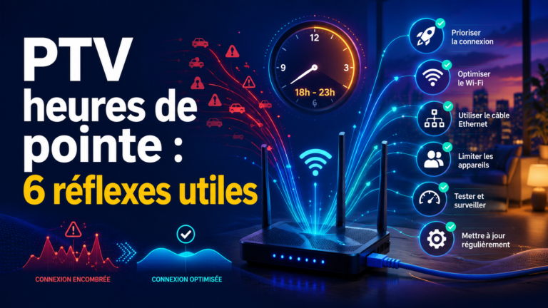 Illustration professionnelle sur IPTV heures de pointe avec routeur Wi-Fi, connexion optimisée et 6 réflexes utiles pour limiter les coupures.