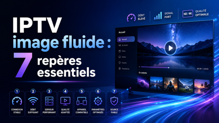 IPTV image fluide avec 7 repères essentiels pour améliorer la stabilité, le débit, la qualité vidéo et les paramètres de lecture.