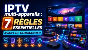 Image SEO illustrant IPTV multi-appareils avec TV, smartphone, tablette et ordinateur connectés avant de commander.