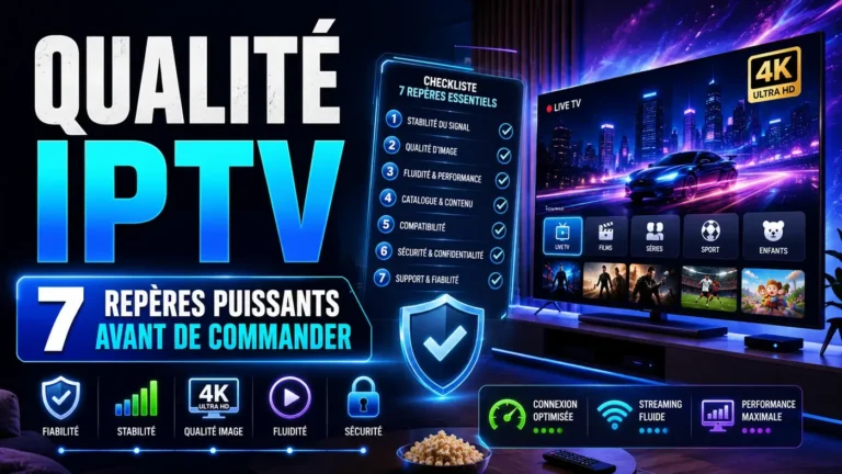 Qualité IPTV avec checklist de 7 repères pour vérifier la stabilité, l’image, la fluidité et la fiabilité avant de commander.