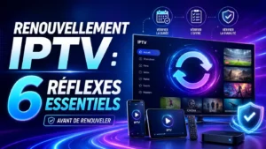 Illustration professionnelle sur le renouvellement IPTV avec 6 réflexes essentiels à vérifier avant de renouveler un abonnement.