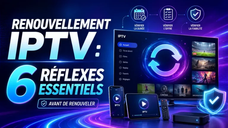 Illustration professionnelle sur le renouvellement IPTV avec 6 réflexes essentiels à vérifier avant de renouveler un abonnement.