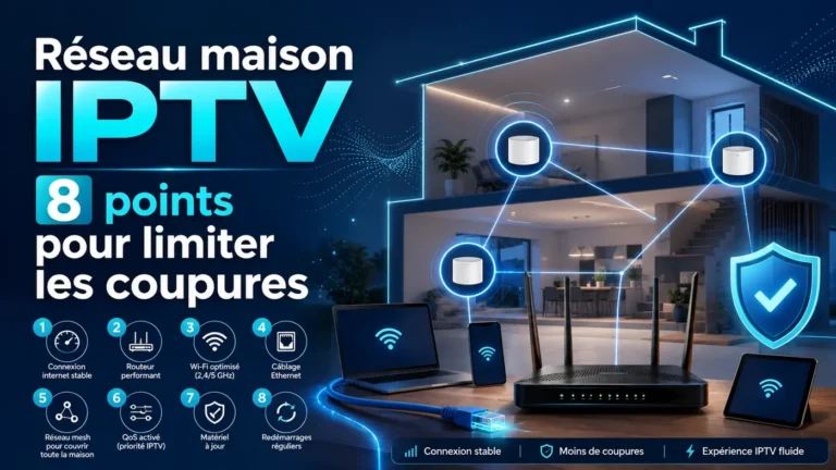 Réseau maison IPTV stable avec routeur, WiFi mesh, câble Ethernet et 8 points pour limiter les coupures IPTV.