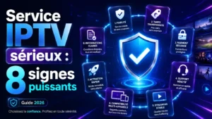 Service IPTV sérieux avec 8 signes puissants de confiance, fiabilité, paiement sécurisé, support réactif et streaming stable