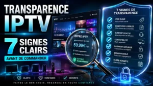 Image illustrant la transparence IPTV avec une checklist de 7 signes clairs avant de commander un abonnement