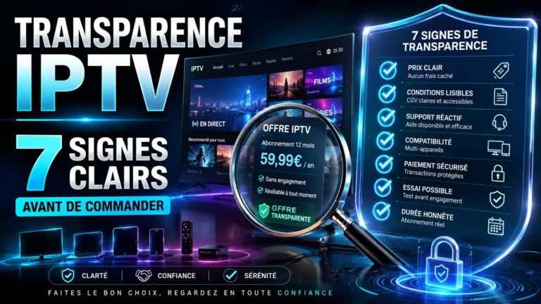 Image illustrant la transparence IPTV avec une checklist de 7 signes clairs avant de commander un abonnement