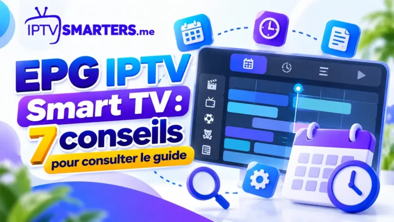 Illustration du guide EPG IPTV Smart TV avec grille des programmes, calendrier et horaires de diffusion.