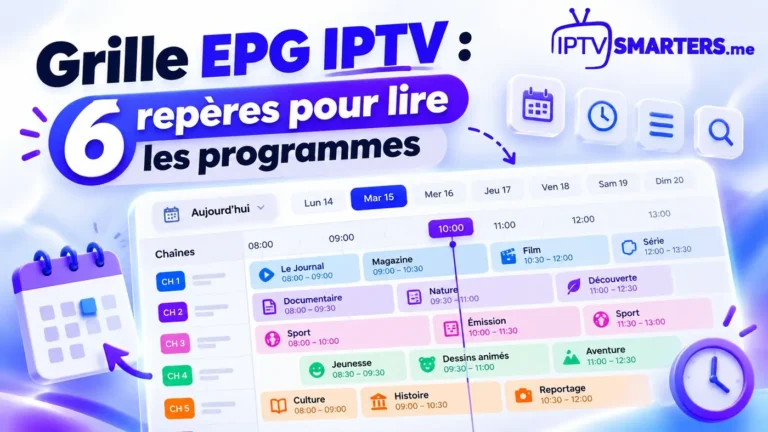 Grille EPG IPTV affichant les chaînes, les horaires et les programmes TV organisés par jour.