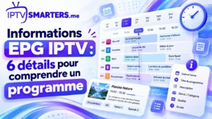 Informations EPG IPTV : grille des programmes avec horaires, description, catégorie et durée des émissions.