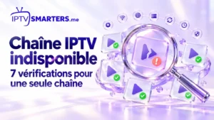 Loupe sur une chaîne IPTV indisponible, entourée de chaînes fonctionnelles dans une illustration violette lumineuse.