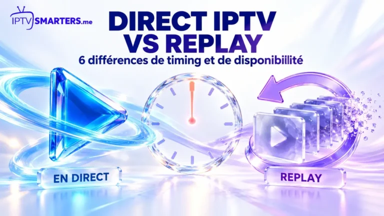 Comparaison direct IPTV vs replay illustrée par un bouton de lecture bleu, une horloge et une flèche de retour violette.