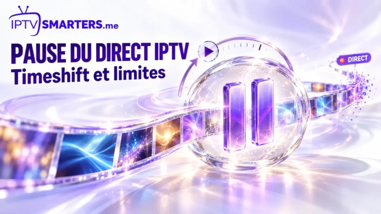 Symbole de pause du direct IPTV dans une sphère transparente, traversée par un ruban d’images illustrant le timeshift IPTV.