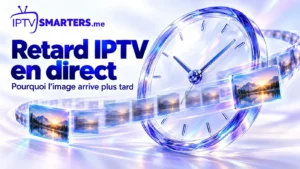 Horloge en verre traversée par un ruban d’images illustrant le retard du direct IPTV.