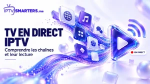 Icônes de chaînes reliées par un flux lumineux à un bouton de lecture IPTV en direct.