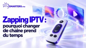 Télécommande et cartes de chaînes avec un cercle d’attente illustrant le zapping IPTV.